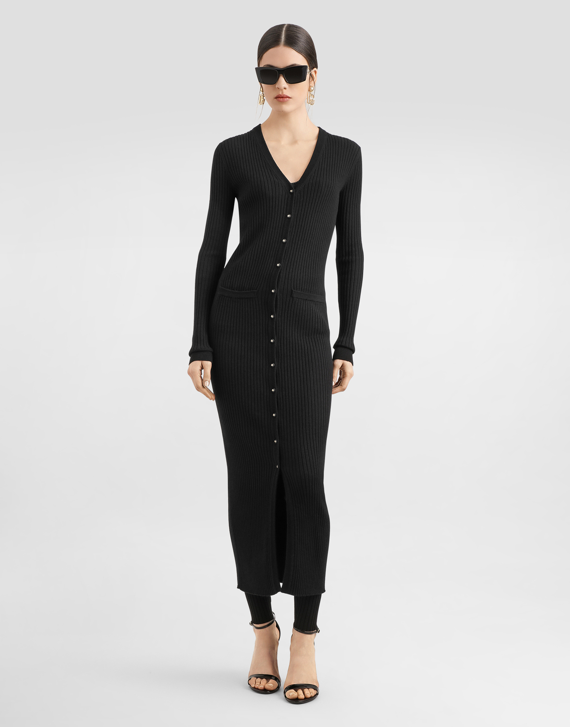 Длинный шерстяной кардиган в рубчик Dolce & Gabbana, черный — фото 2