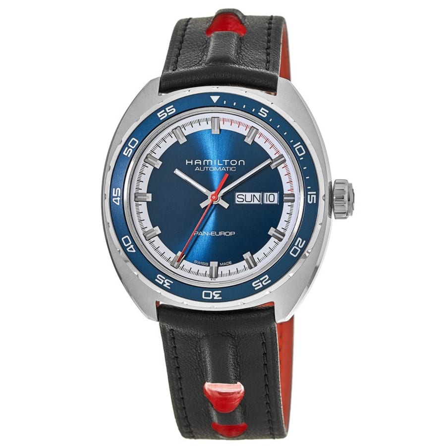 

Hamilton American Classic Pan Europ Auto синие циферблаты с черным кожаным ремешком мужские часы H35405741