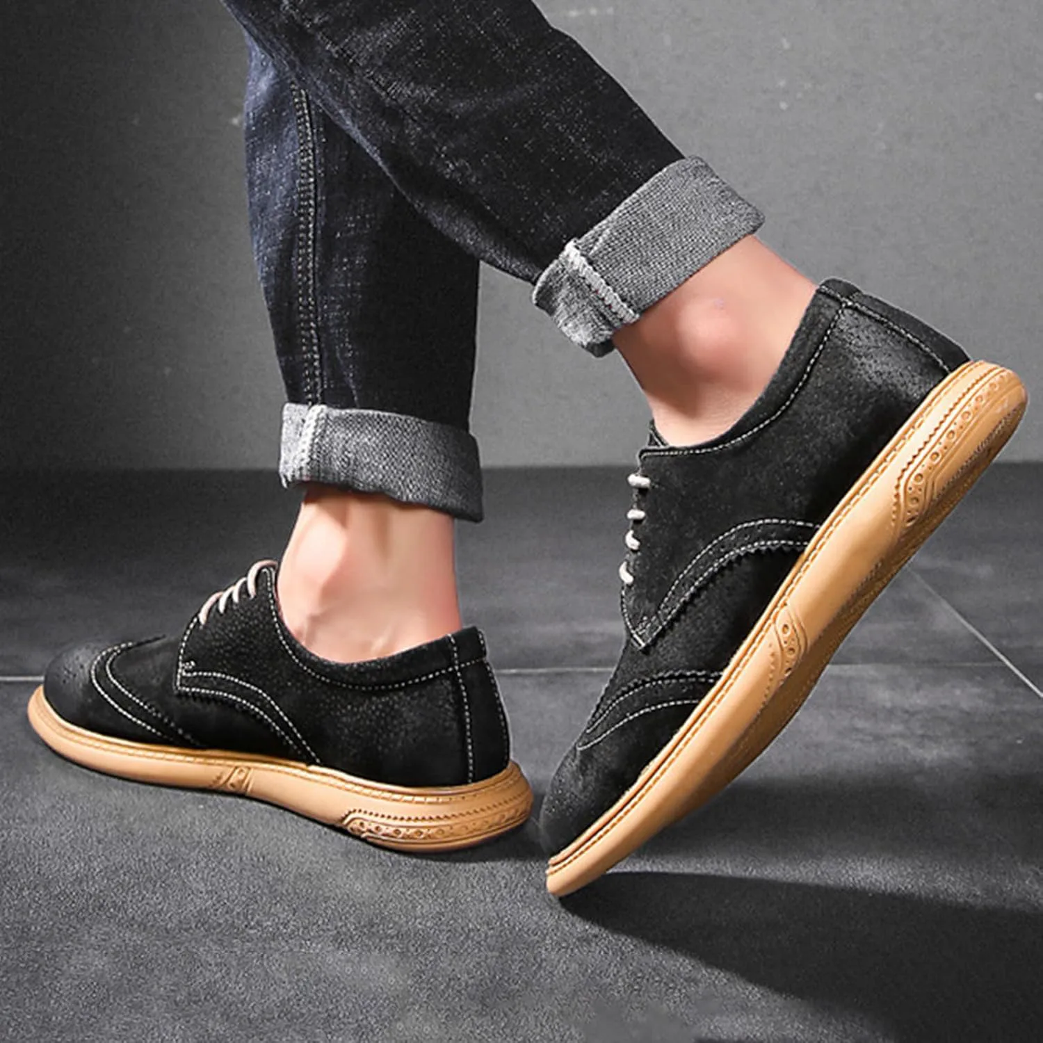 Мужские оксфорды с крыльями Brogue из замшевой кожи, модные туфли с резным рисунком, округлый носок, шнуровка, низкие деловые и повседневные туфли Derby GLBDU, черный — фото 3