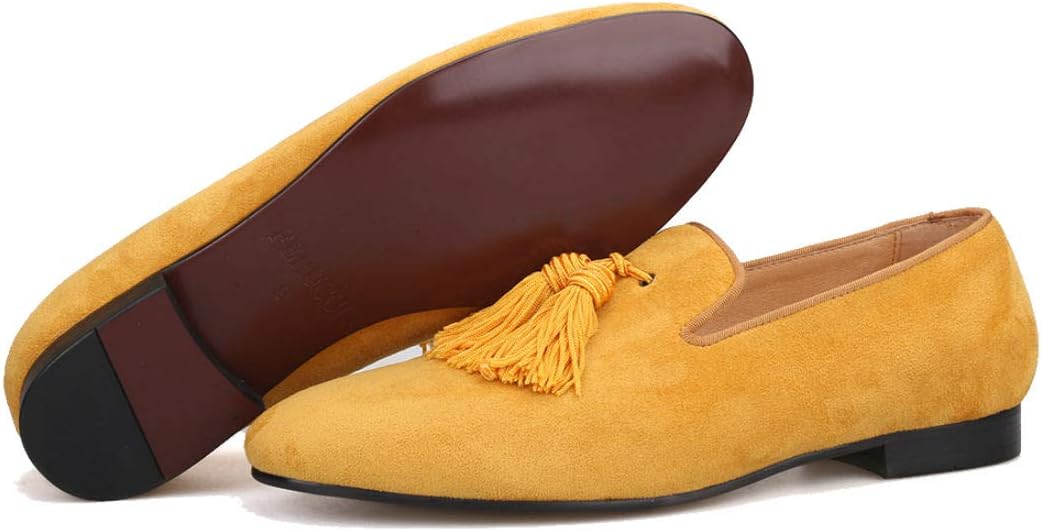 

Мужские желтые замшевые тапочки-лоферы FERUCCI с плоской подошвой и большой желтой золотой кисточкой