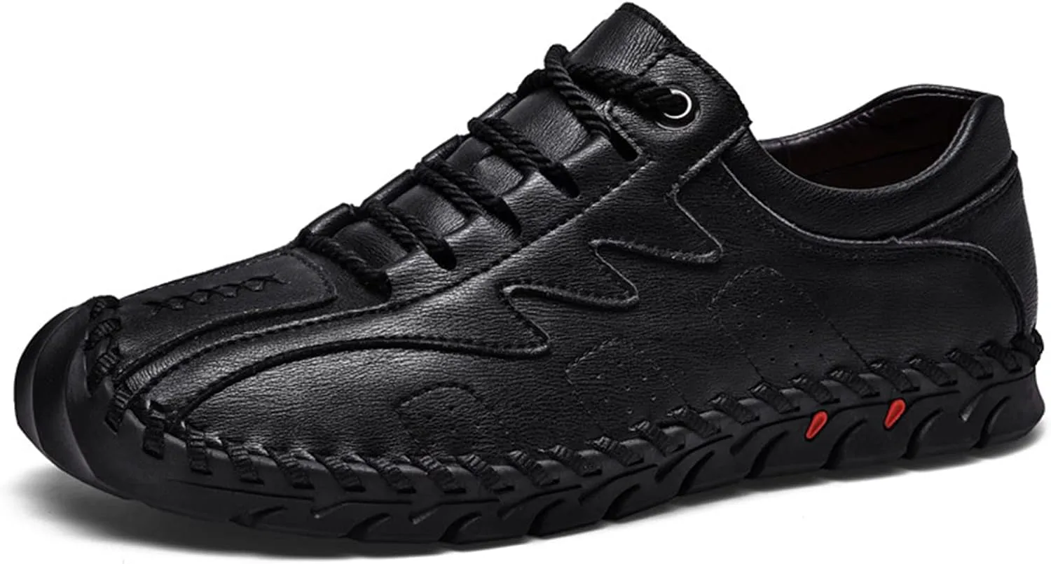 

Мужские повседневные кожаные сшитые вручную мокасины, удобные, с противоскользящей дышащей мягкой подошвой, поддерживающей свод стопы, эластичные туфли для вождения и прогулок UGOSELEC, черный