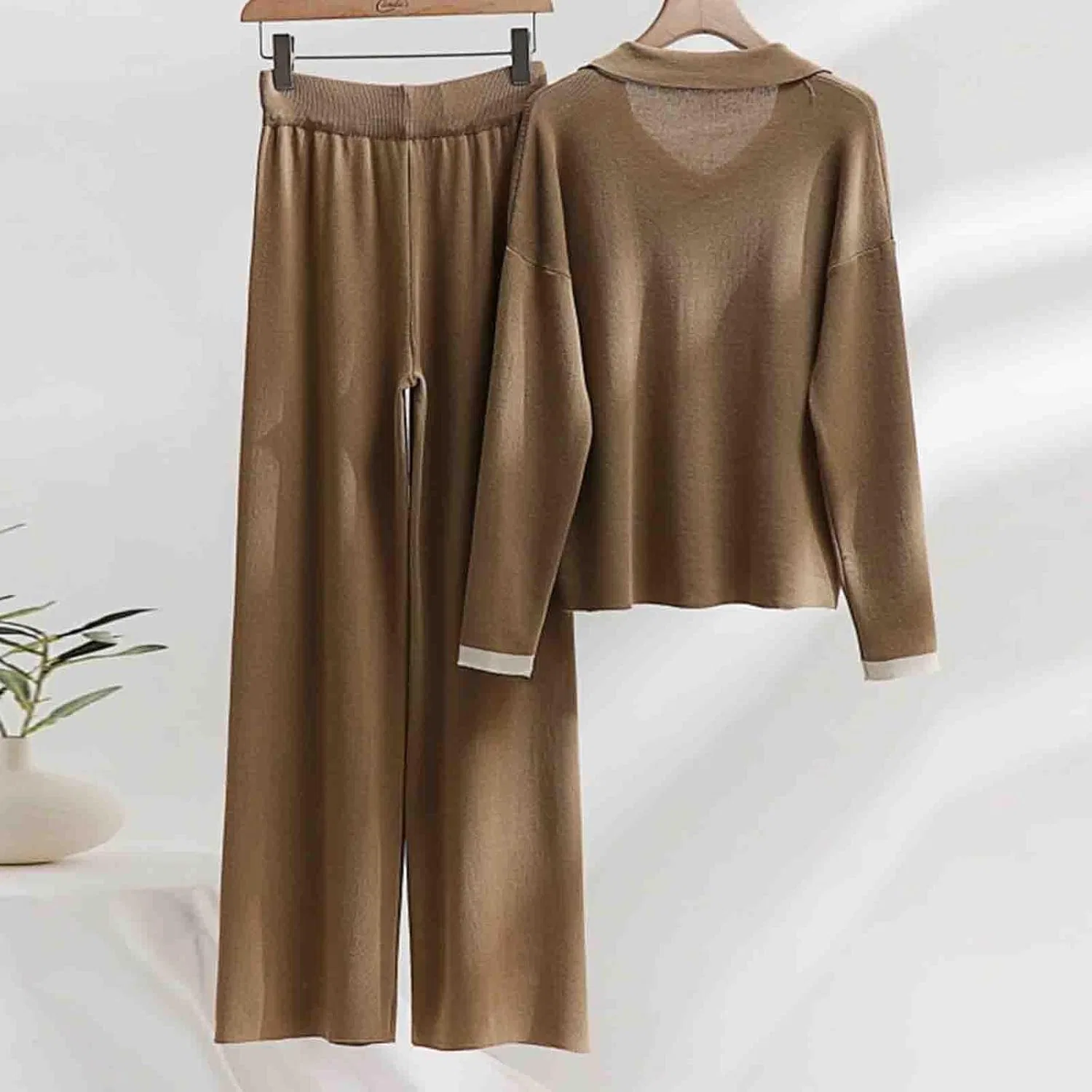 Женский спортивный костюм из рибаны, длинный рукав, свободные брюки, A06_khaki — фото 4