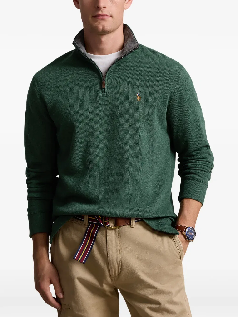 Свитер с вышитым логотипом и застежкой-молнией на четверть длины Polo Ralph Lauren, зеленый — фото 3