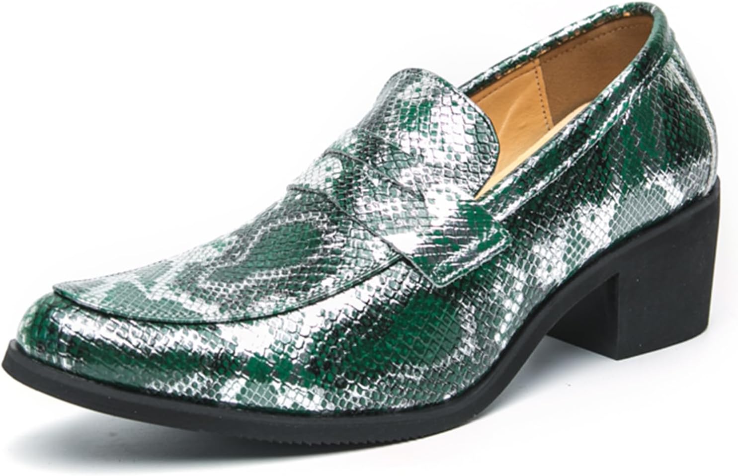 

Мужские кожаные лоферы Dacnakby с принтом змеи, на невысоком каблуке, с металлической отделкой, зеленого и серебристого цвета, модная обувь для вечеринок и свадеб