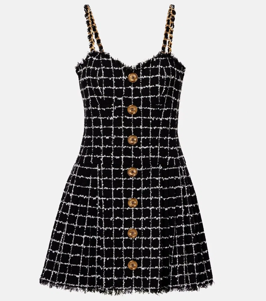 Мини-платье из клетчатого твида с цепочками Balmain, черный