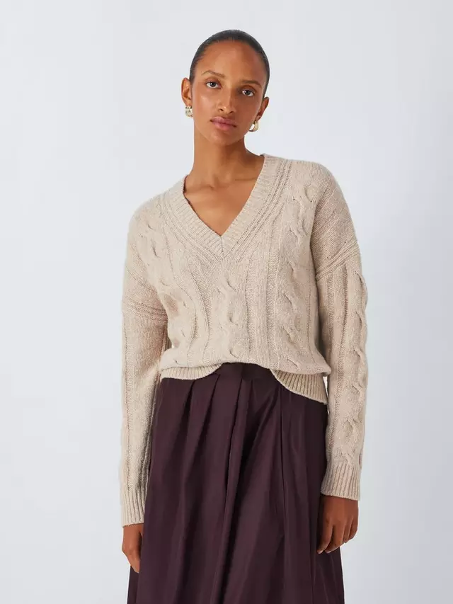 

Джемпер John Lewis V-Neck Soft Cotton Blend Cable Knit, цвет toast