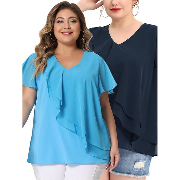 

Блузка с рюшами на рукавах и многослойным V-образным вырезом Agnes Orinda, Navy Blue Blue