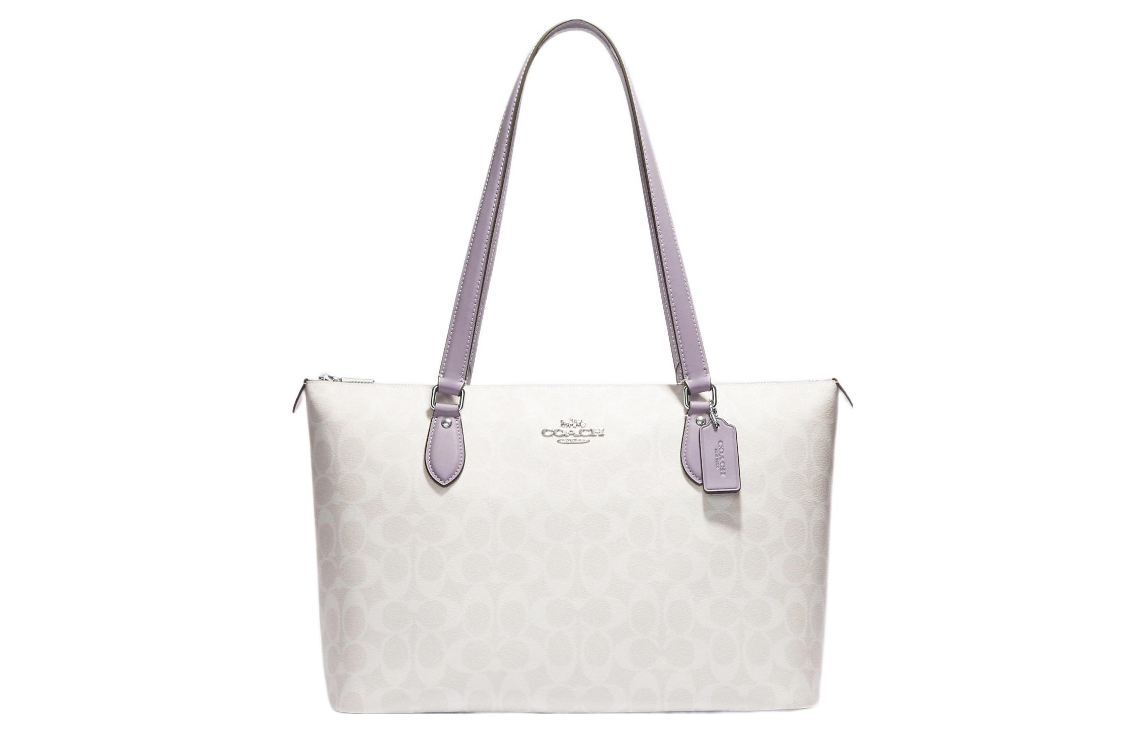 

Галерейный холст с кожаной сумкой-тоут, шоппер, дамская сумка, плечевая сумка цвета слоновой кости и фиолетового COACH