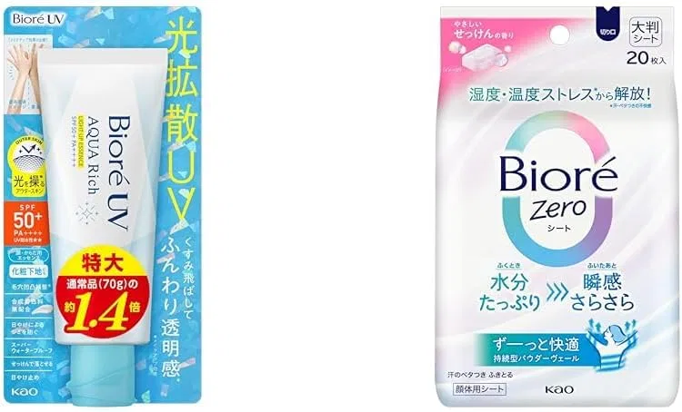 Солнцезащитная эссенция Biore UV Aqua Light Up SPF50 100 г + Освежающие салфетки Biore Zero Sheet 20 шт