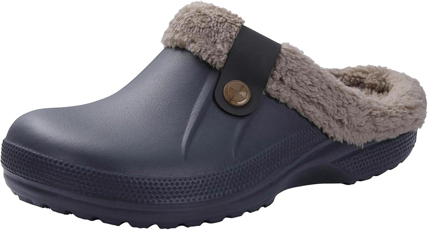 

JTQHB Флисовая подкладка сабо, мех, пушистые пушистые водонепроницаемые тапочки Женские и мужские зимние садовые туфли, теплые домашние тапочки, внутренние мулы, E-grey