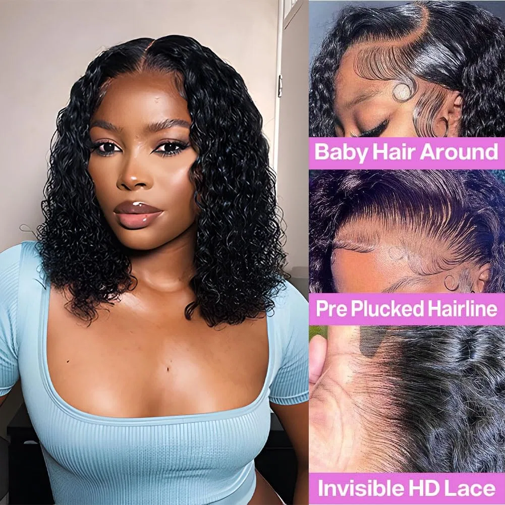 Парик Lace Front Bob с глубокими кудрями из натуральных человеческих волос 14 дюймов Nicmiss, (13X4 Lace Deep #1B) — фото 3