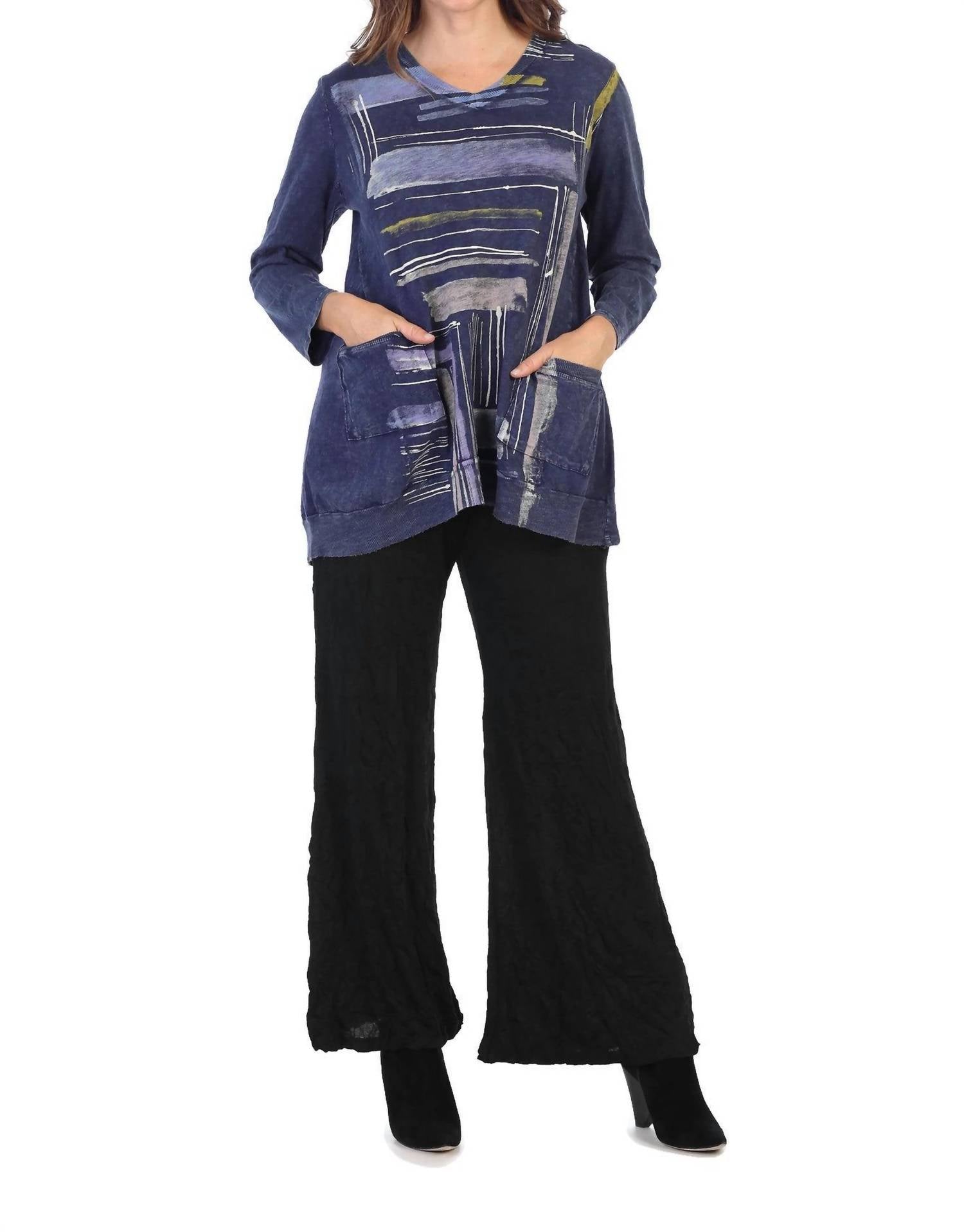 

Линейная хлопковая туника в стиле деним с карманами и эффектом минеральной мойки Jess & Jane, Denim