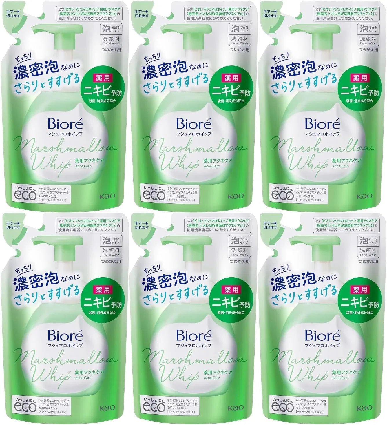 Набор Moruro — Гель-пенка для умывания Biore Marshmallow Whip Acne Care Refill, 130 мл, набор 6 шт