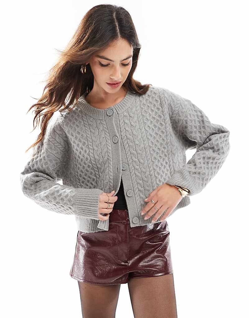

ASOS DESIGN – Светло-серый кардиган косой вязки с круглым вырезом
