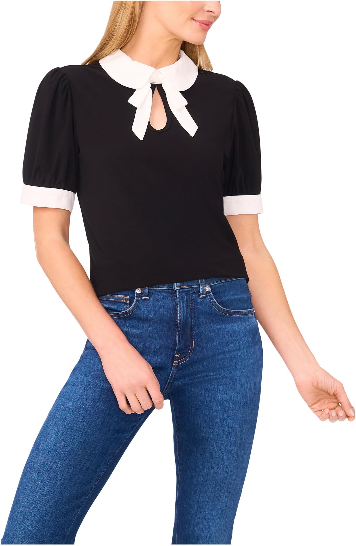 

Топ CeCe Puff Short Sleeve Contrast Collar & Bow Top, цвет Rich Black