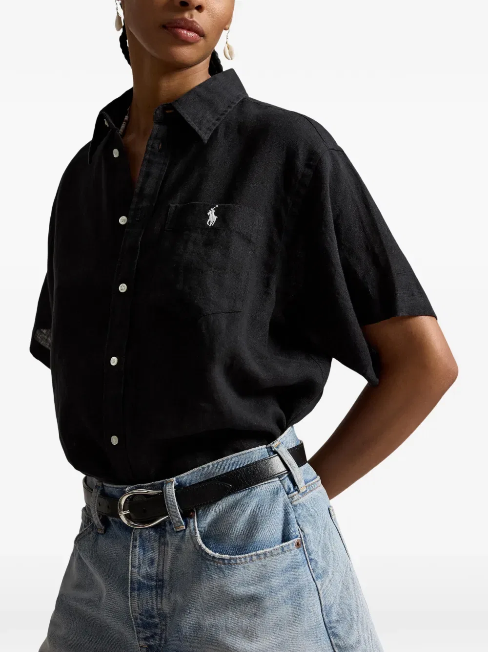 Льняная рубашка с накладными карманами Polo Ralph Lauren, черный — фото 3