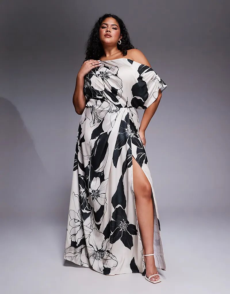 

Эксклюзивное атласное платье Curve от ASOS DESIGN с приспущенными плечами и боковыми разрезами, с монохромным цветочным принтом Asos Curve