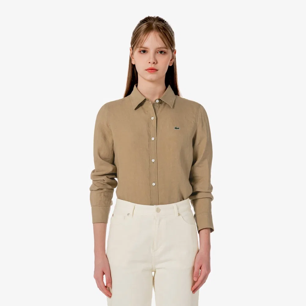 Рубашка Lacoste льняная женская бежевая прямого кроя