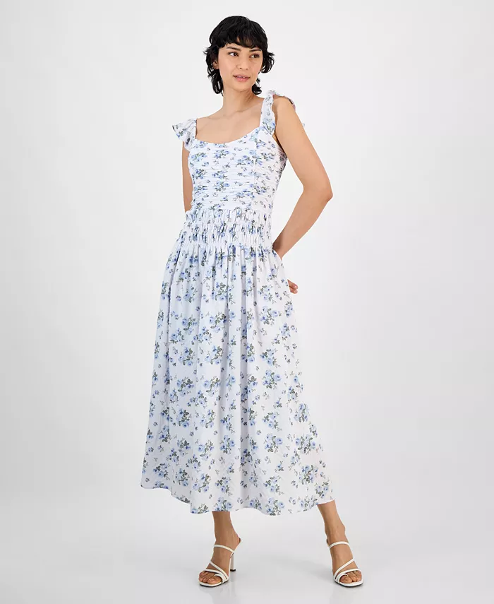 

Миниатюрное макси-платье с круглым вырезом и сборками And Now This, синий