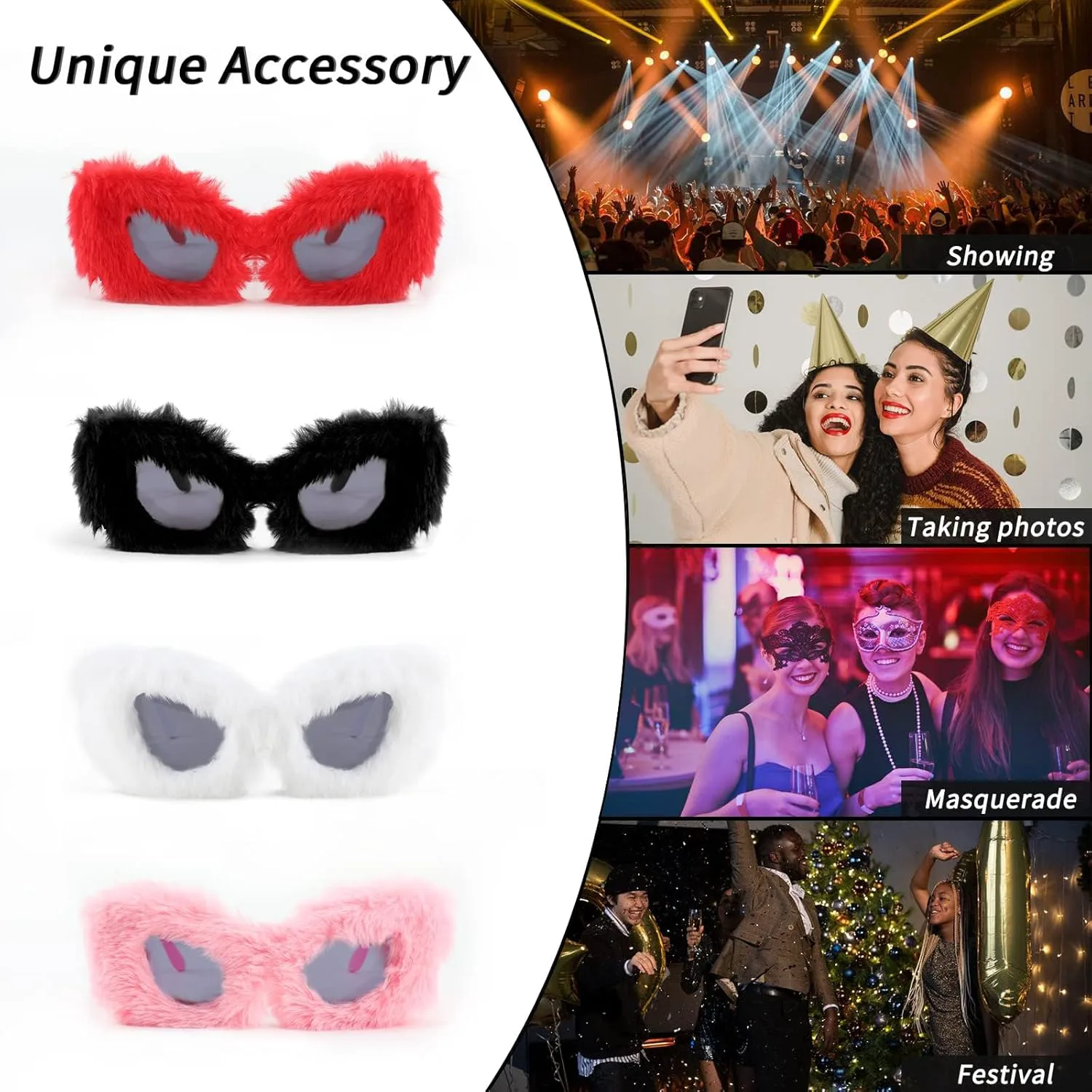 

FEISEDY Женские плюшевые пушистые солнцезащитные очки «кошачий глаз» в стиле панк, мягкие бархатные очки ручной работы для вечеринок и маскарадов B2877, White