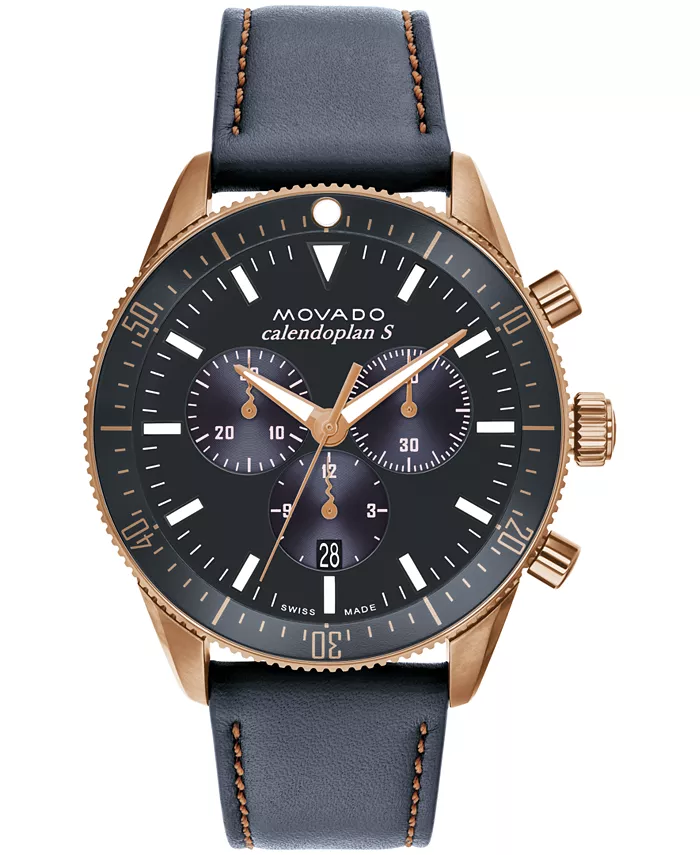 

Мужские часы Calendoplan S Swiss Quartz Chronograph с серым кожаным ремешком, 42 мм Movado