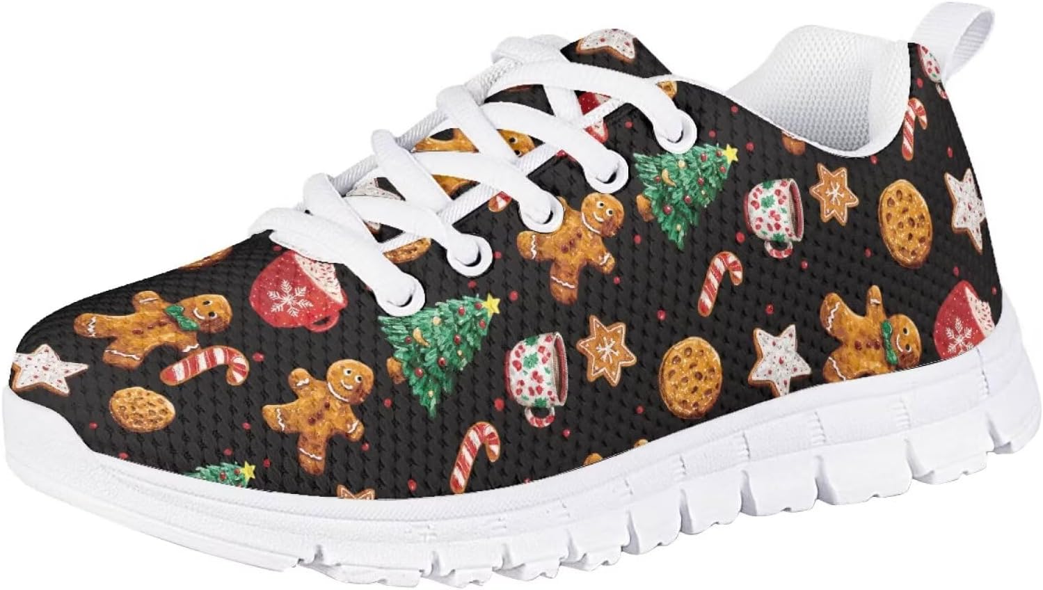 

Рождественские кроссовки Forchrinse для девочек и мальчиков, легкие шнурованные ходовые кроссовки, повседневные беговые кроссовки с противоскользящей подошвой, Christmas Gingerbread Man Print