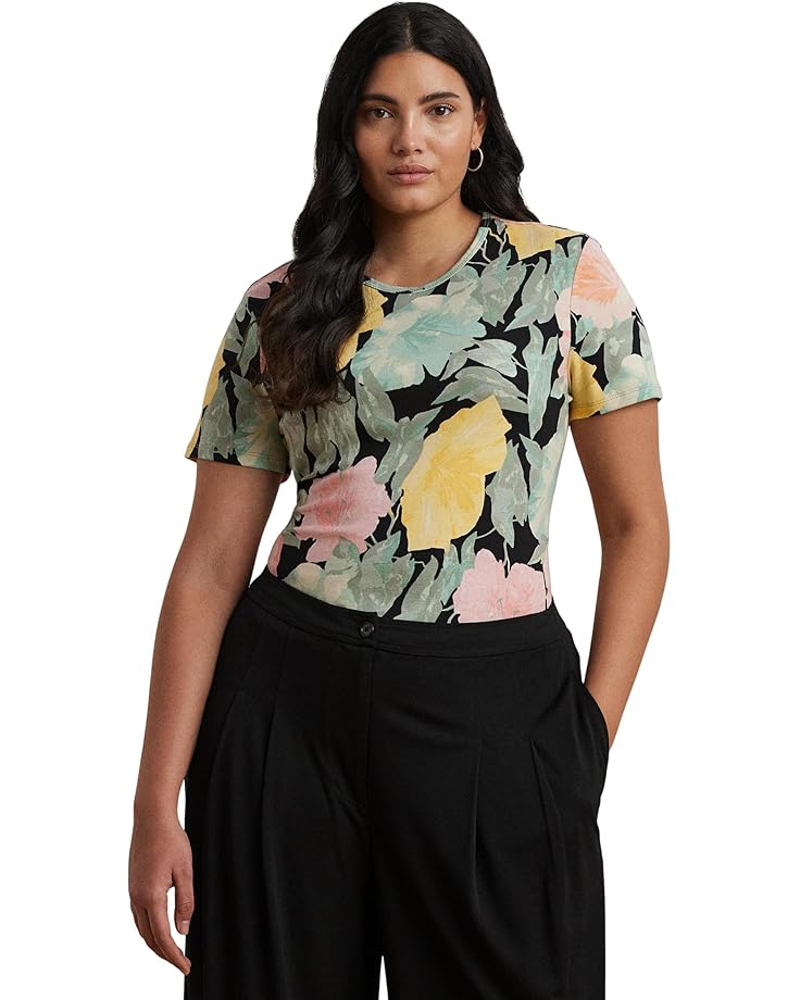

Футболка Lauren Ralph Lauren Plus Size Floral Stretch Cotton Crewneck Tee, цвет Black/Pink/Green