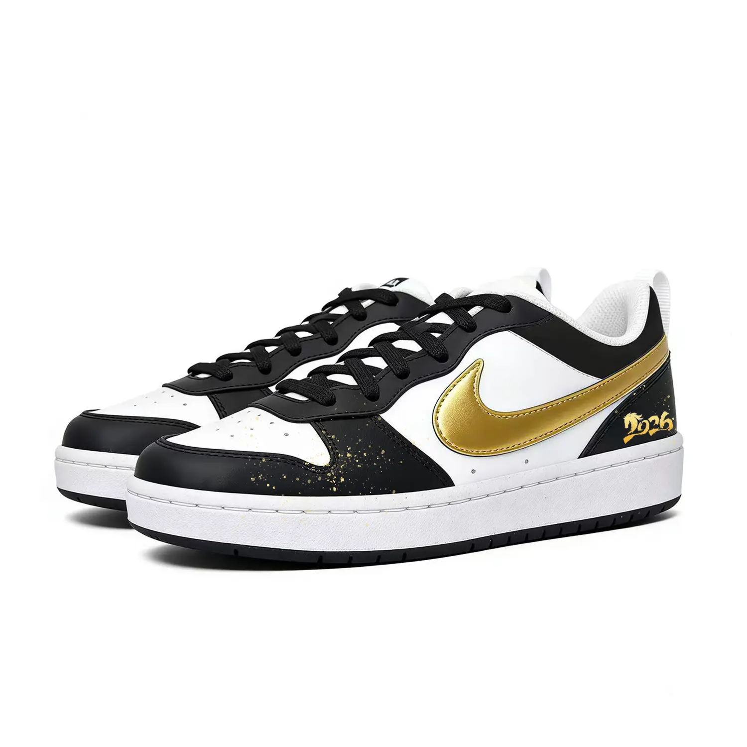 Nike Детские низкие скейтбордистские кроссовки Court Borough LOW RECRAFT с противоскользящим и износостойким покрытием, черные с золотым рисунком, для подростков — фото 4