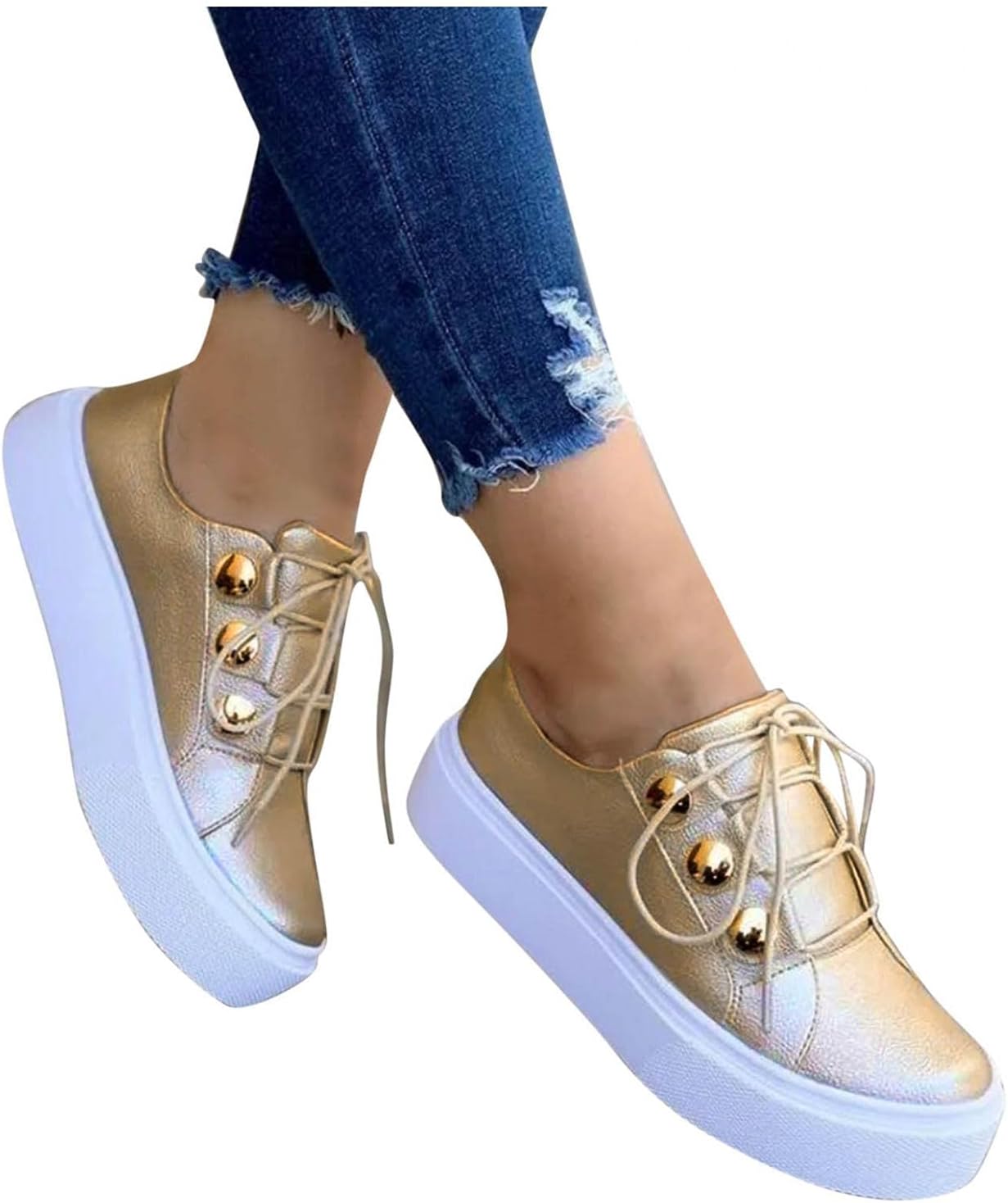 

Женские модные кроссовки Hbeylia на платформе, повседневные кожаные с шнуровкой, с массивной подошвой, высокие каблуки, обувь без застежки на низком ходу, прогулочные туфли, низкие кеды, спортивная обувь для бега для девушек, золотой