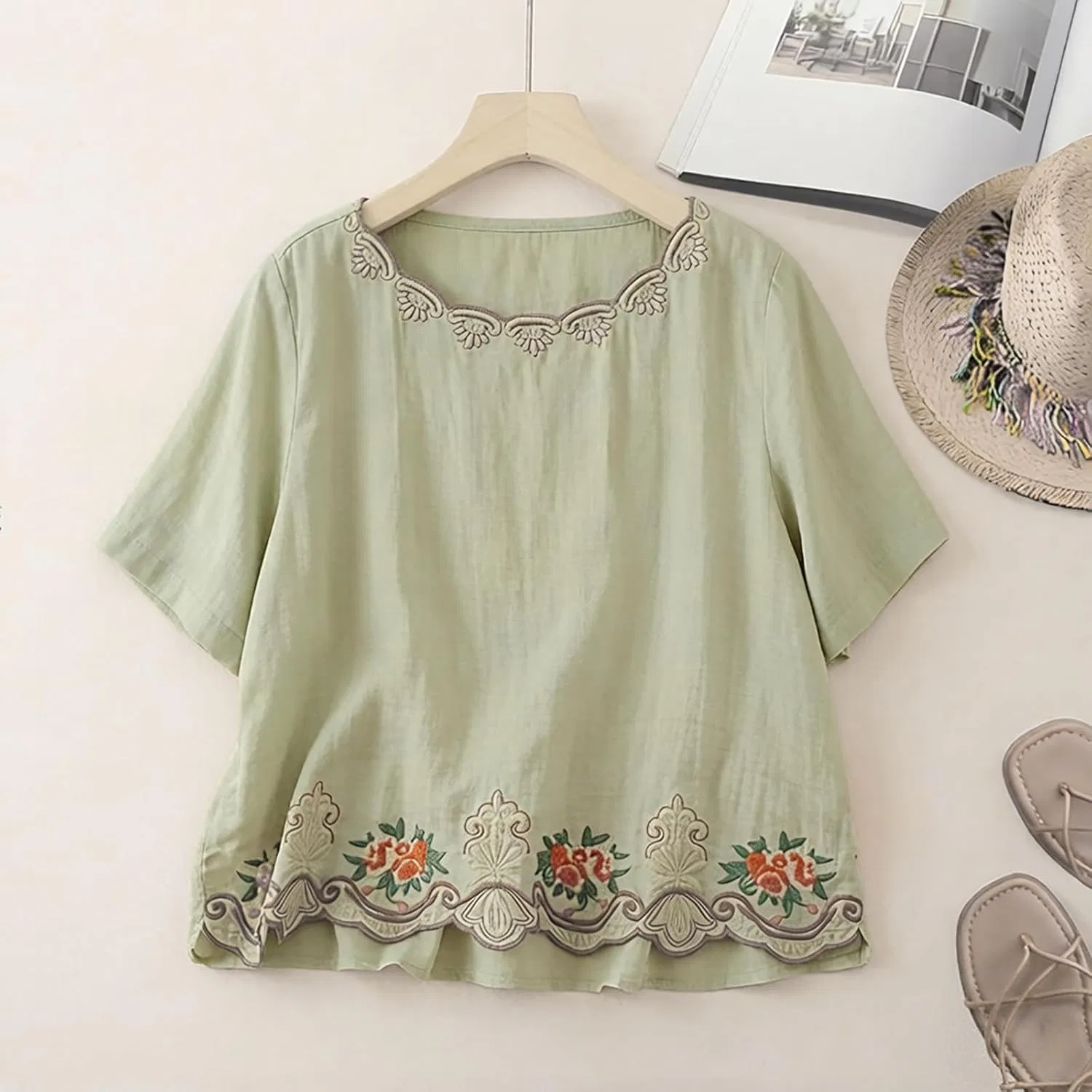 Туника, хлопок и лен, ретро, вышивка, светло-зеленый — фото 4