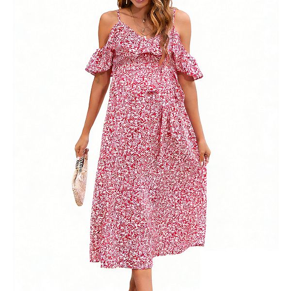 

Женское платье миди с V-образным вырезом, холодным плечом и рюшами для будущих мам Clearflower