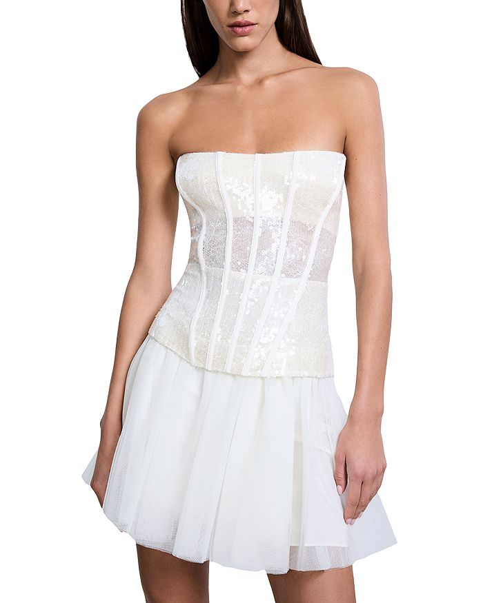 

Блестящее кружевное платье с тюлем и пеплумом BCBGMAXAZRIA, белый