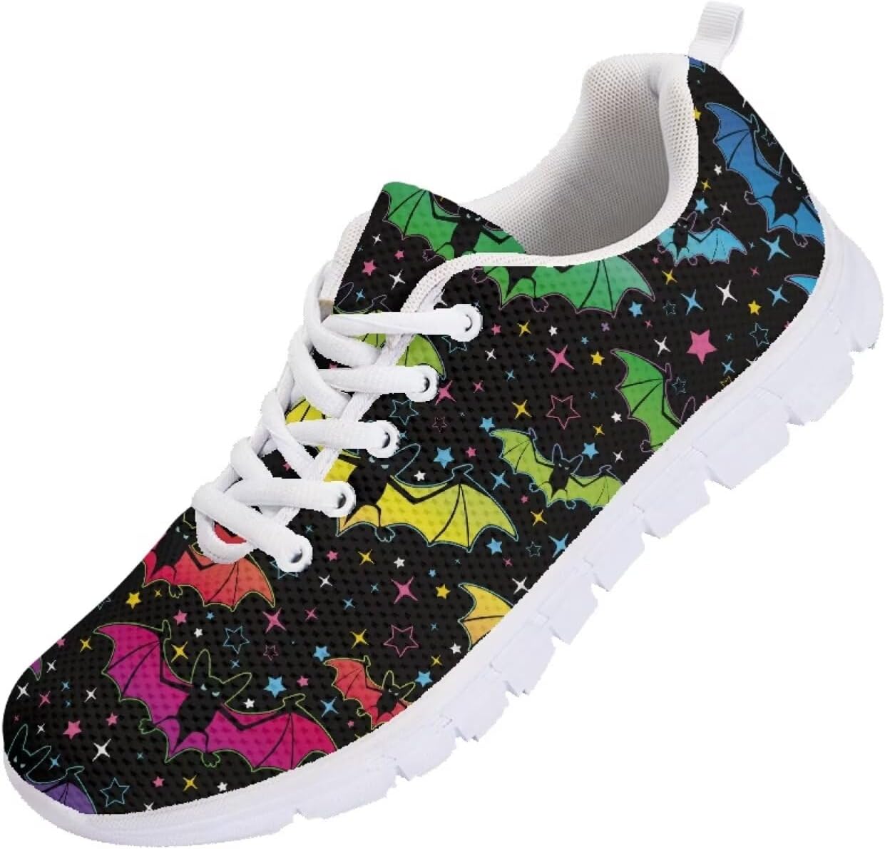 

Кроссовки Forchrinse на Хэллоуин для женщин и мужчин, дышащие, с шнуровкой, для прогулок, повседневные сетчатые, противоскользящие теннисные туфли, Halloween Colorful Bats