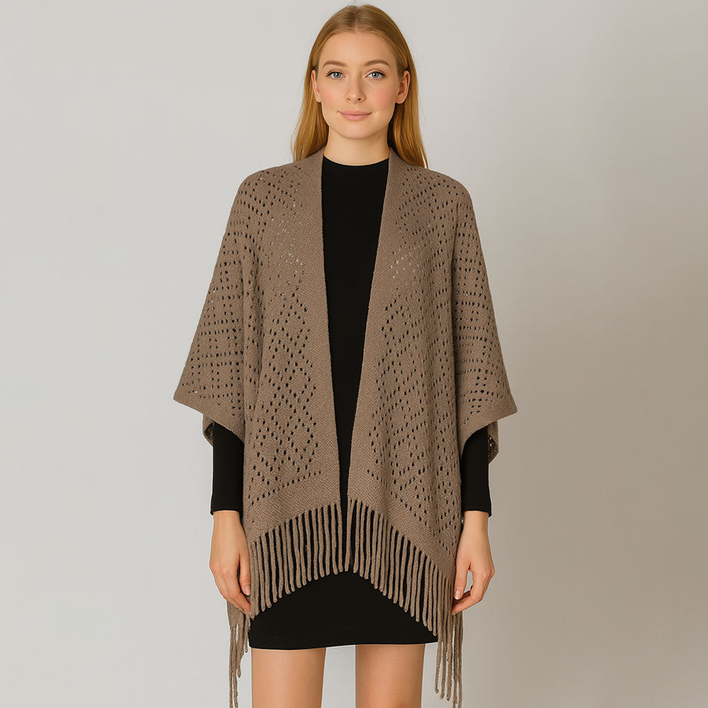 

Бахромчатая ажурная вязаная шаль с драпировкой руана пончо TRUEDAMES, Taupe