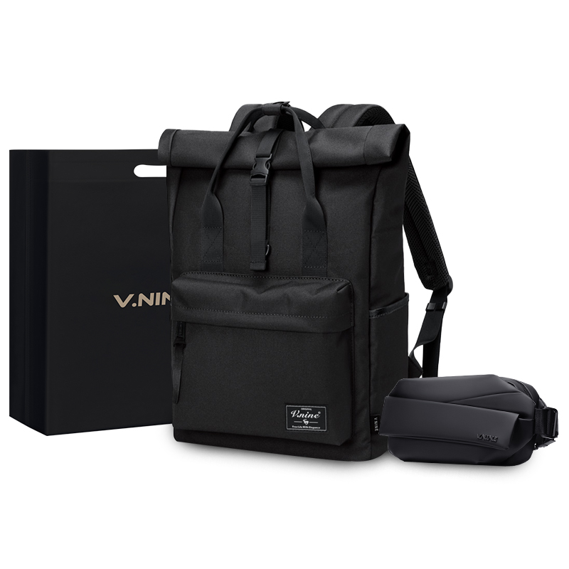 

V.NINE Синтетический кожаный рюкзак для студентов, Agate Black 2-Piece Set