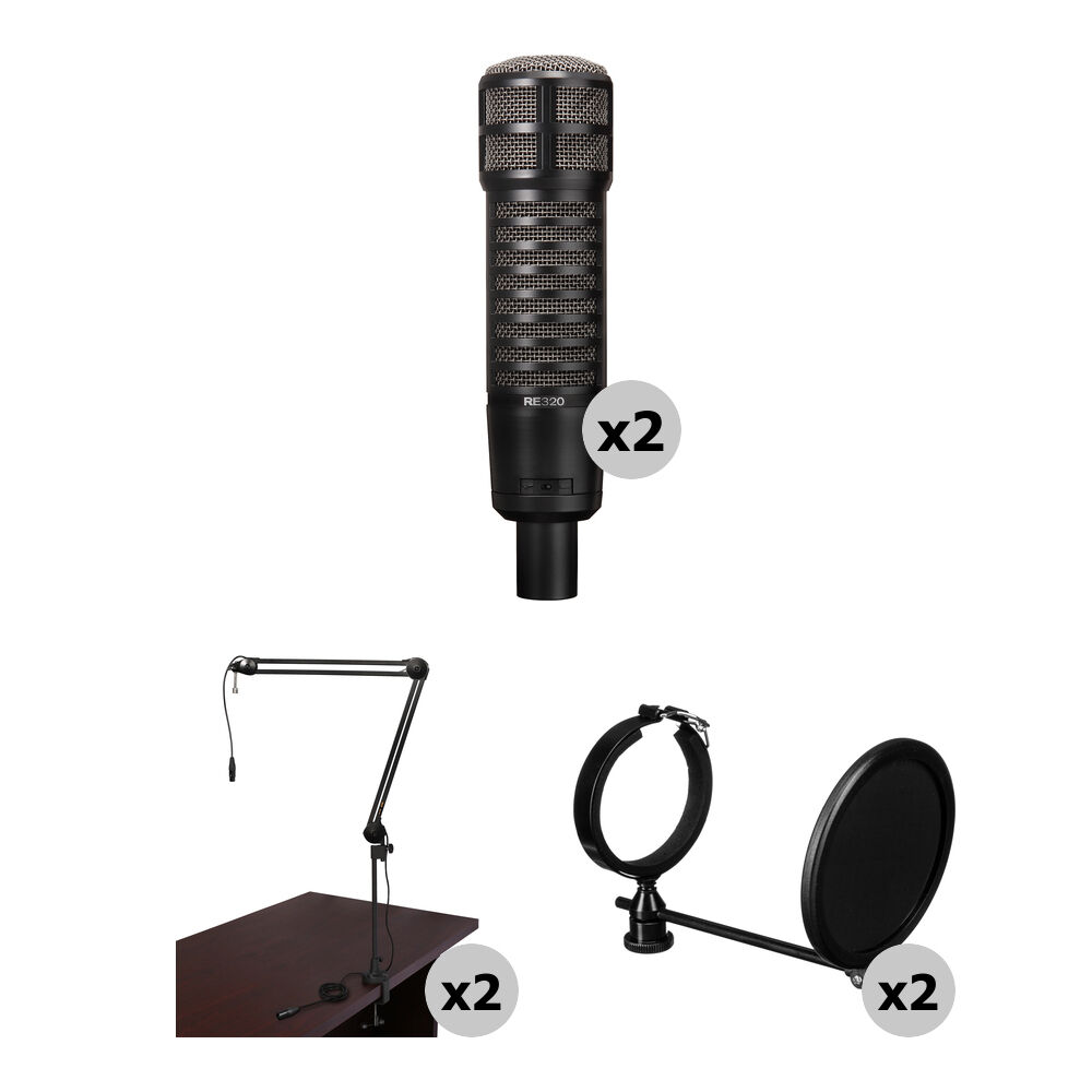 

Комплект микрофона для подкастинга Electro-Voice RE320 на двоих с вещательными держателями, кабелями XLR и поп-фильтрами