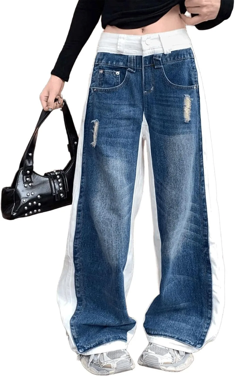 

Джинсы High Waist Baggy Distressed Blue White Patch для женщин FEUSEUZ