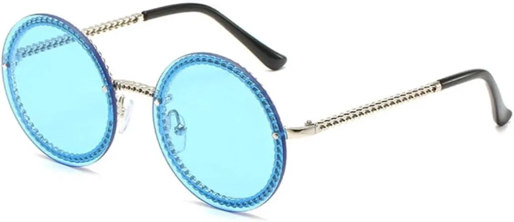 

Роскошные круглые солнцезащитные очки без оправы с металлической цепочкой для женщин, круглые солнцезащитные очки с градиентным покрытием VVTWSSW, Silver Blue