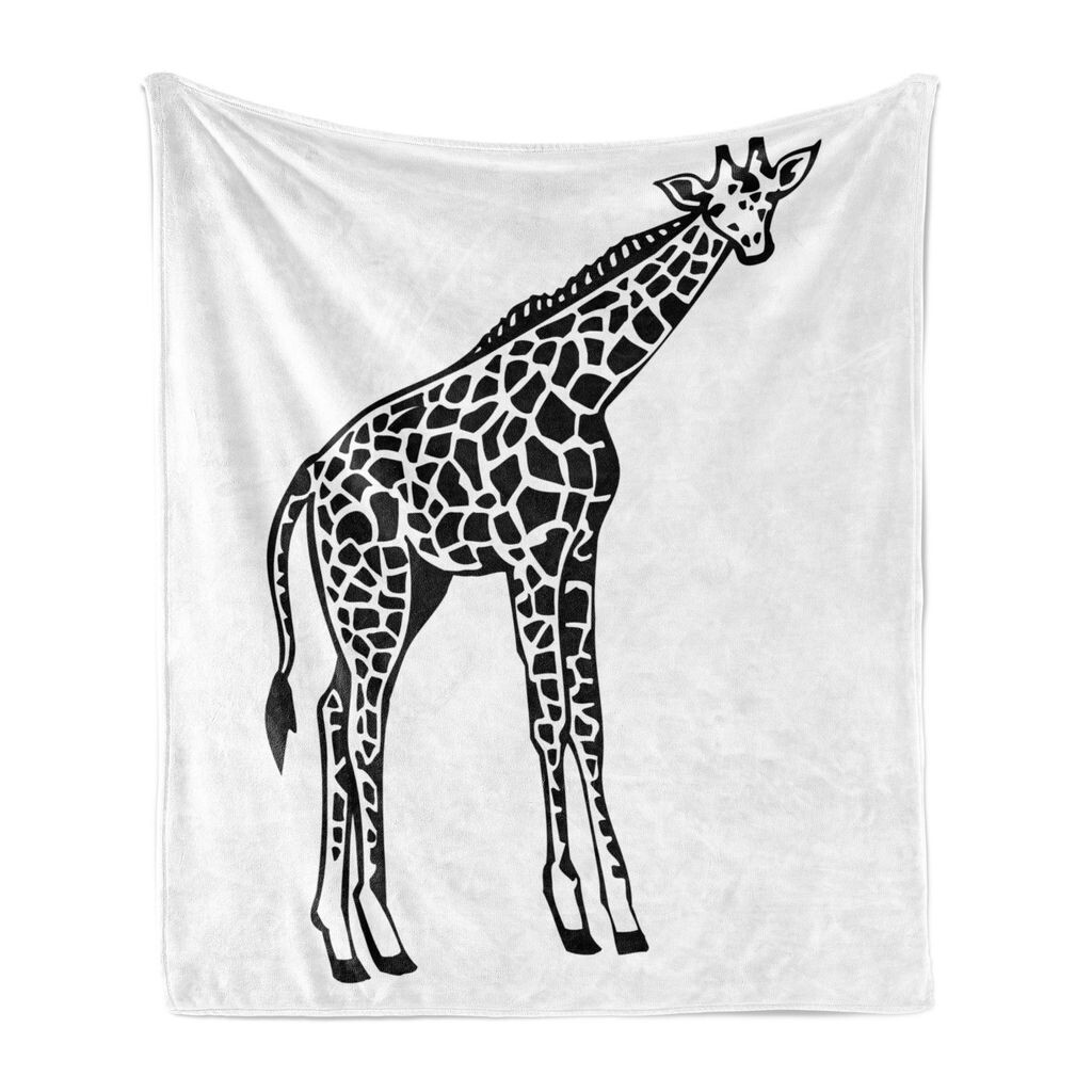 

ABAKUHAUS Giraffe Мягкое фланелевое флисовое одеяло, млекопитающих диких животных африканских животных с длинной шеей и хвостом в горошек, эскиз с короткой гривой, 175 x 230 см, белый и темно-серый
