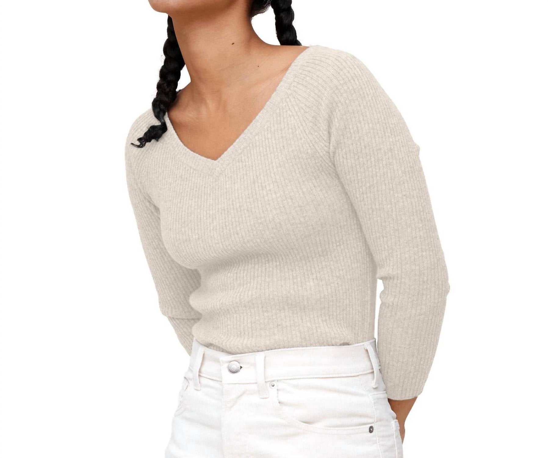 

State Cashmere Свитер с V-образным вырезом и открытыми плечами, неокрашенный белый