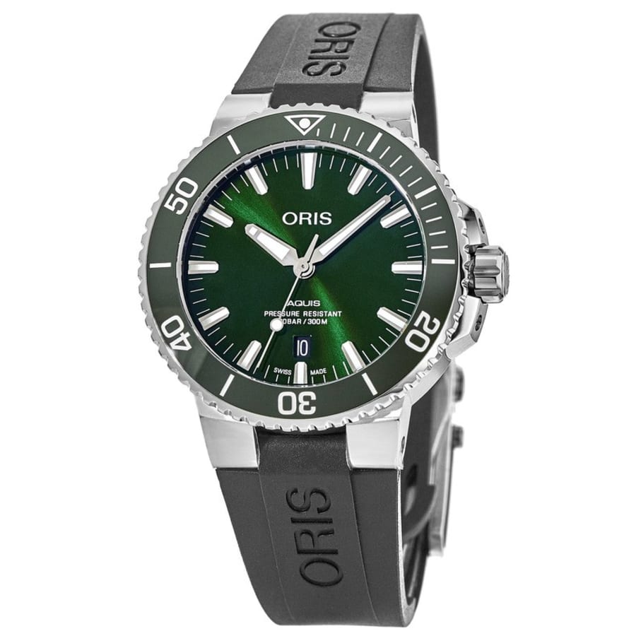 

Мужские часы Oris Aquis Date с зеленым циферблатом и черным каучуковым ремешком 01 733 7730 4157-07 4 24 64EB