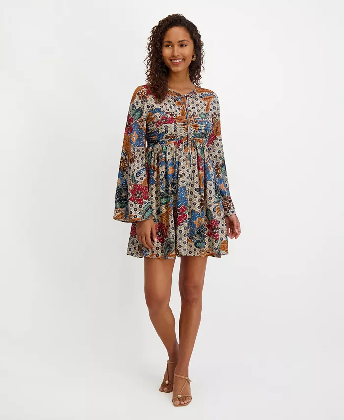 

Женское платье с принтом из шифона, с длинными рукавами, силуэт приталенный и расклешенный Kensie, мультиколор