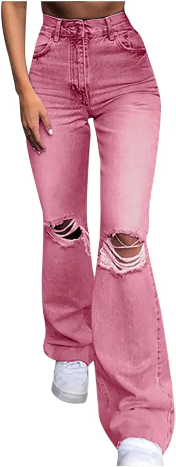 Джинсы клеш с разрезом, Womens Ripped Bell Bottom Jeans, розовый