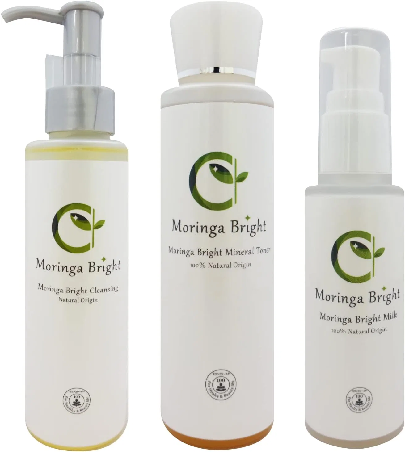 Набор косметики Moringa Bright Cosmetics 3 предмета, очищающее средство 150 мл, минеральный лосьон 150 мл, молочко 60 мл