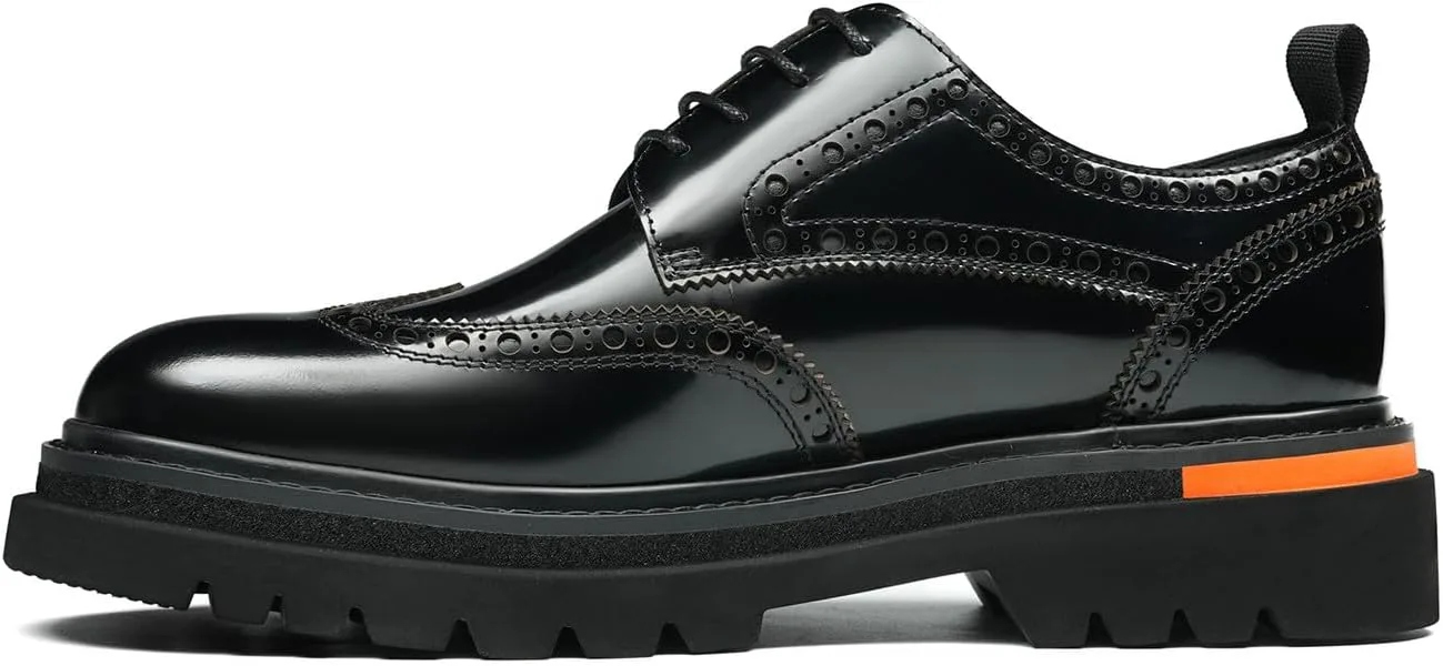 Мужские классические туфли Santimon Wingtip Brogue на шнуровке с грубой подошвой - блестящие дерби из натуральной кожи для повседневного ношения, деловых встреч, выпускного и свадьбы, черный — фото 2