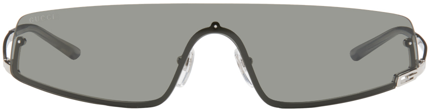 

Серебряные солнцезащитные очки в форме маски Gucci, Silver/Silver/Gray