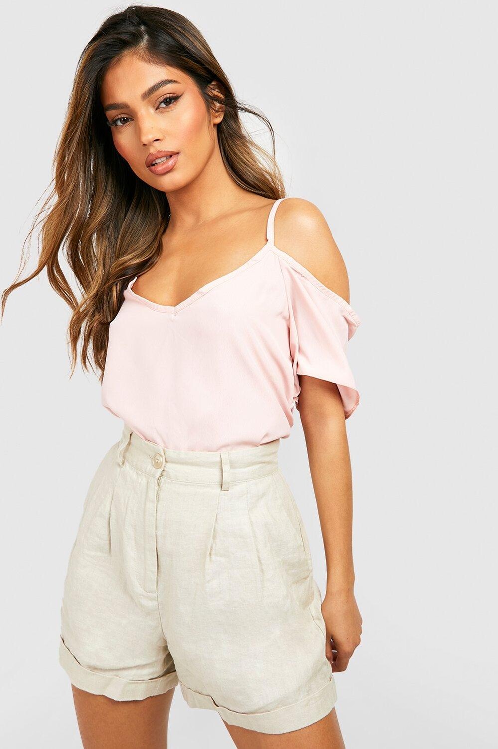 

Топ с открытыми плечами из тканой ремешки Boohoo, нюд
