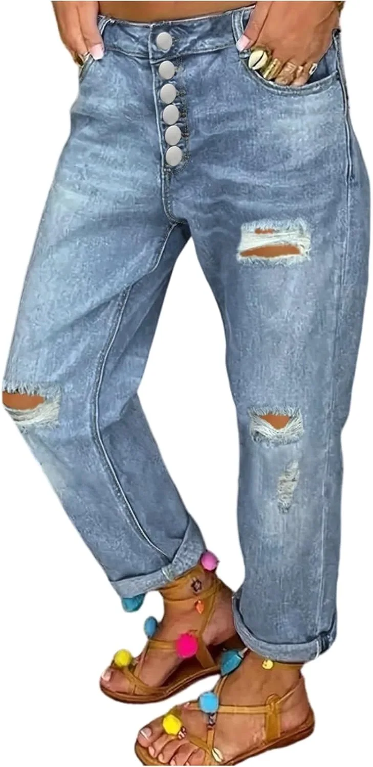 

Женские рваные джинсы Mid Waisted Boyfriend Loose Fit