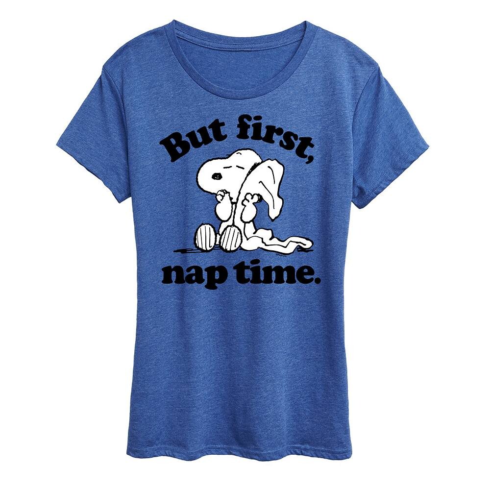 

Женская футболка с рисунком Peanuts Snoopy First Nap Time Licensed Character, цвет Heather Royal Blue