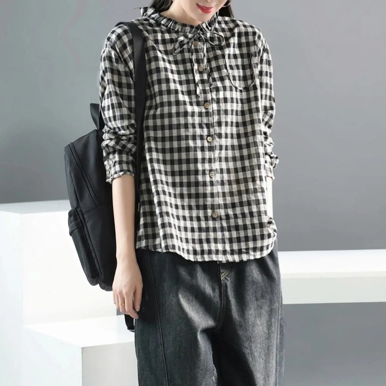 Блуза, гипюровая, женская Classic Gingham Check, черный — фото 2